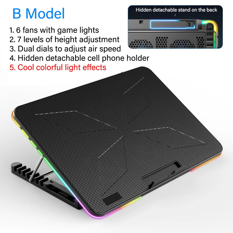 Laptop Cooling pad for 12-17 Inch Laptop Cooler Stand, 6 quiet fans, 5 Angle Adjustable with phone holder
