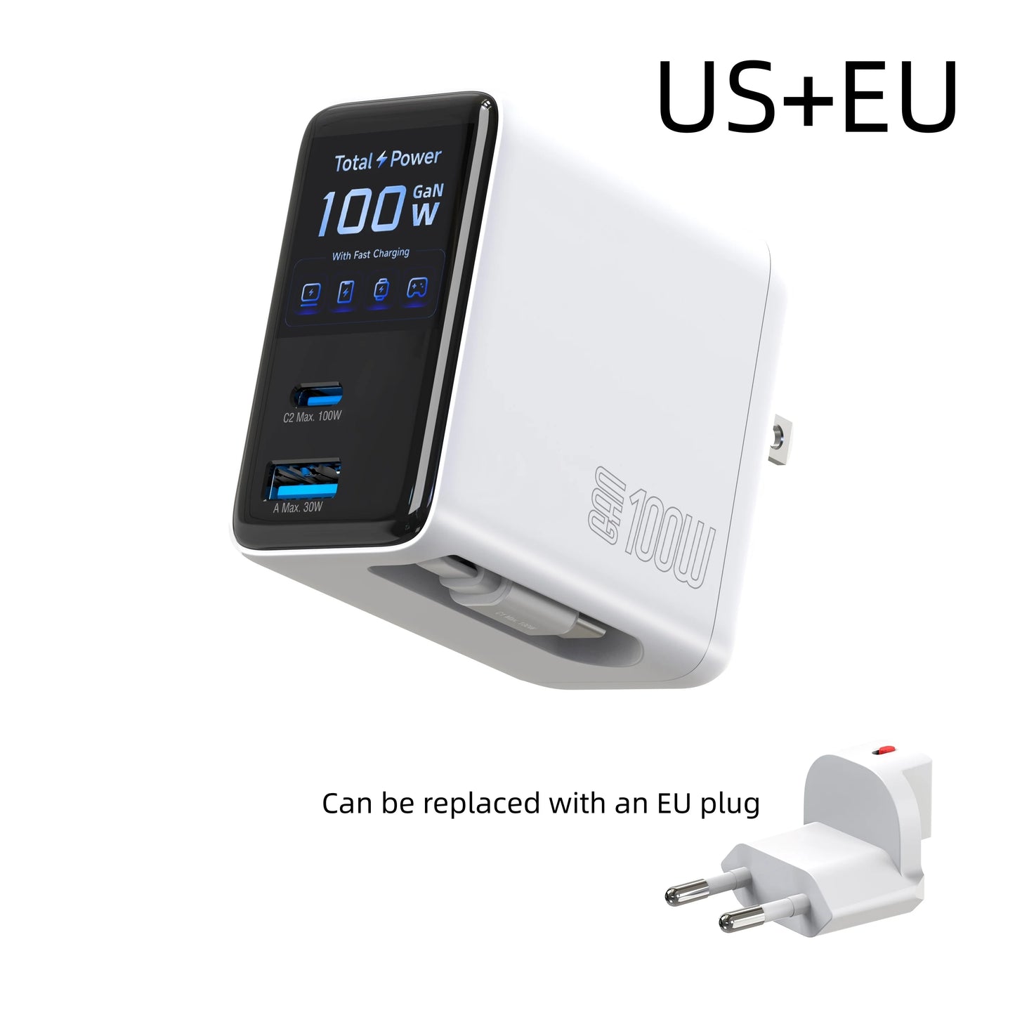 100W Wall Charger Fast Charging GaN Charger with 2-in-1 Retractable Cable And TFT Display for Phones Tablets And More