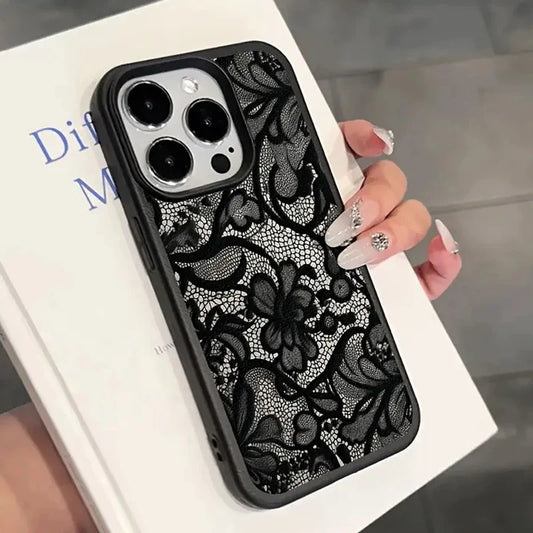 Black Lace Pattern Phone Case For iPhone 17 Pro Max 16 15 14 Plus 13 12 11 Pro Max 16E 17Air X XR XS Max Shockproof Soft Cover