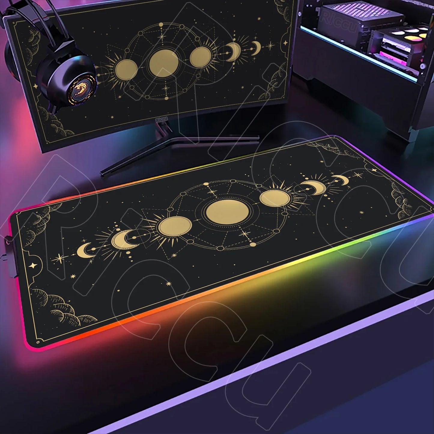 RGB Mouse Pad Gaming LED Tarot Glowing Mouse Mat 900x400mm Mousepad XXL PC Pastel Moon Phase Deskmat Lock Edge Keyboard Rug Gift