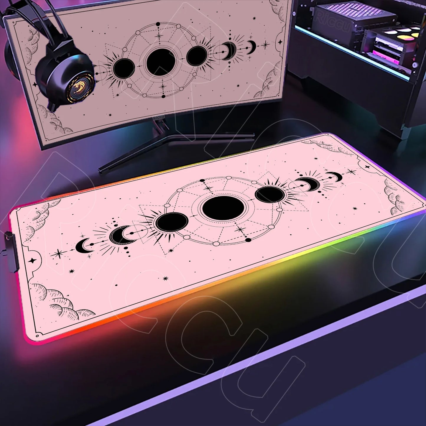 RGB Mouse Pad Gaming LED Tarot Glowing Mouse Mat 900x400mm Mousepad XXL PC Pastel Moon Phase Deskmat Lock Edge Keyboard Rug Gift