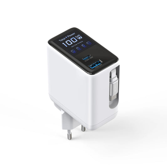 100W Wall Charger Fast Charging GaN Charger with 2-in-1 Retractable Cable And TFT Display for Phones Tablets And More