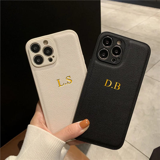Personalized Phone Case, PU Leather, Custom Name, Custom Initials, iPhone 11–17 Pro Max.