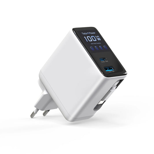 100W Wall Charger Fast Charging GaN Charger with 2-in-1 Retractable Cable And TFT Display for Phones Tablets And More
