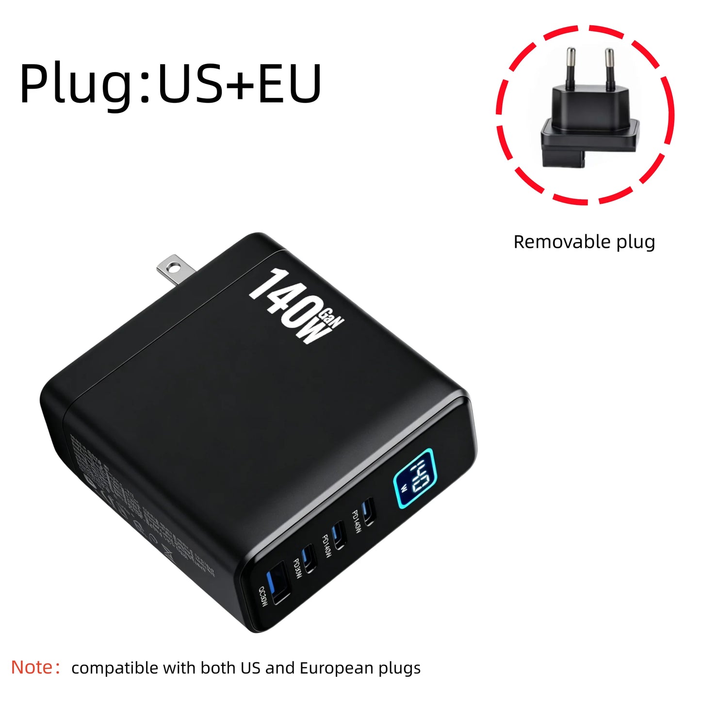 140W GaN Fast Charger 4-Port with Smart Digital Display PD QC Protocol Universal Travel Charger for Phones And Laptops