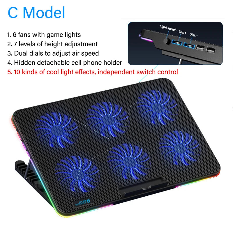 Laptop Cooling pad for 12-17 Inch Laptop Cooler Stand, 6 quiet fans, 5 Angle Adjustable with phone holder