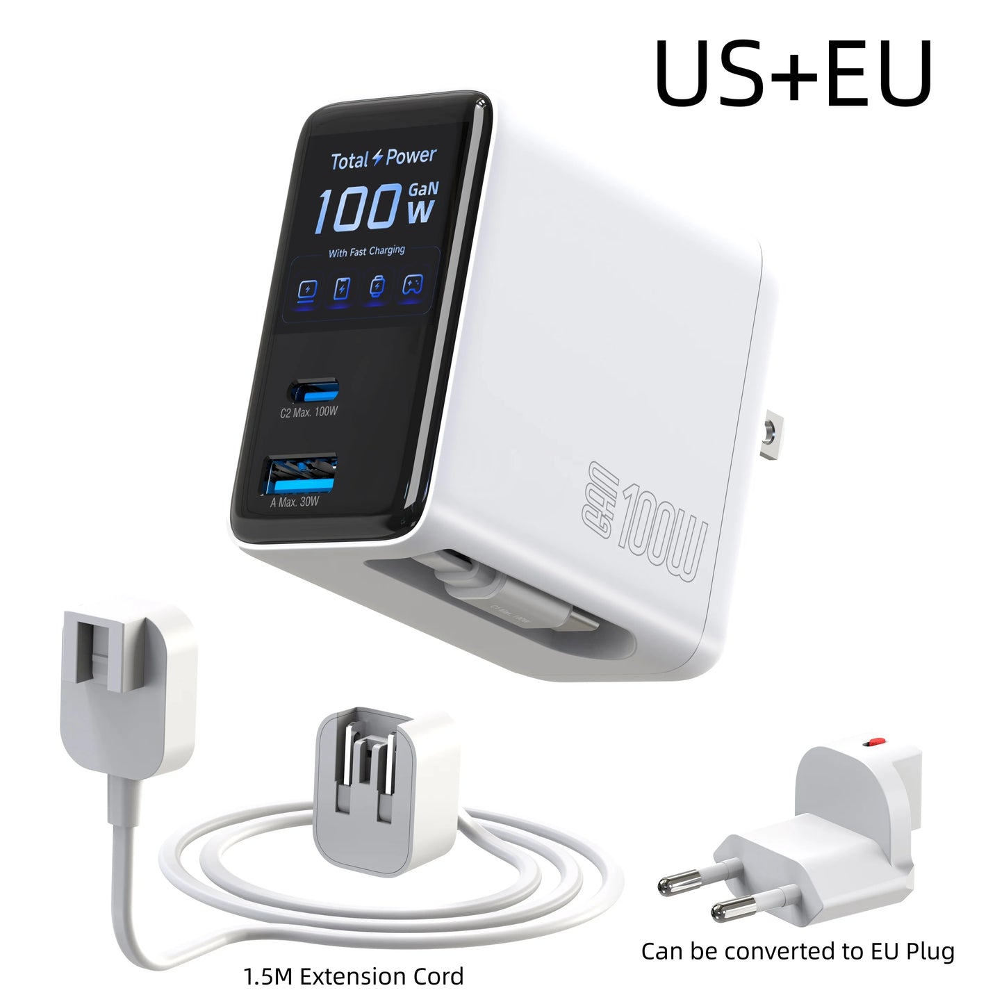 100W Wall Charger Fast Charging GaN Charger with 2-in-1 Retractable Cable And TFT Display for Phones Tablets And More