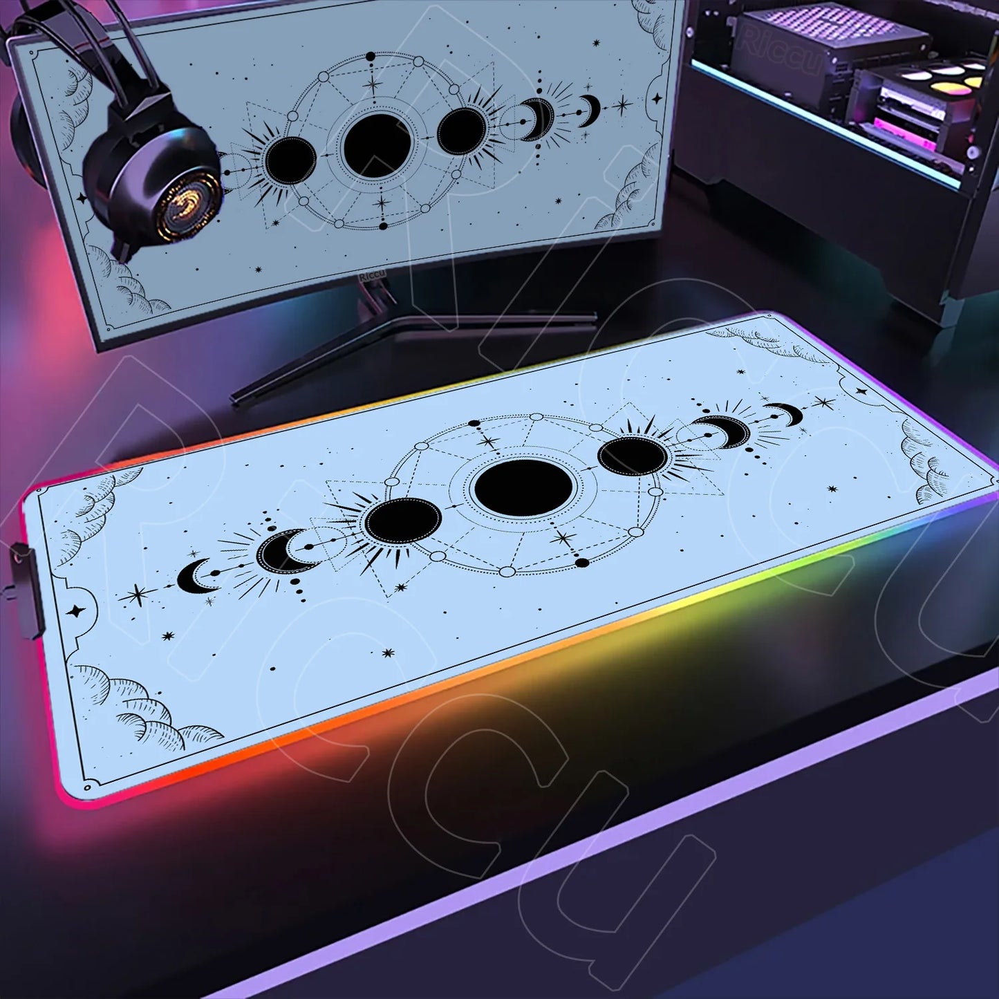 RGB Mouse Pad Gaming LED Tarot Glowing Mouse Mat 900x400mm Mousepad XXL PC Pastel Moon Phase Deskmat Lock Edge Keyboard Rug Gift