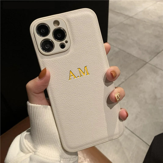 Personalized Phone Case, PU Leather, Custom Name, Custom Initials, iPhone 11–17 Pro Max.