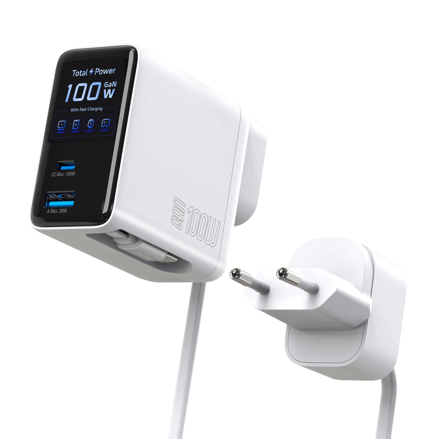 100W Wall Charger Fast Charging GaN Charger with 2-in-1 Retractable Cable And TFT Display for Phones Tablets And More
